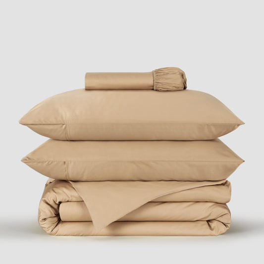 Jogo Capa de Edredão roupa de cama bege bambu by Momo Cotton – tecido de cetim 300 fios, suave, respirável e sustentável.