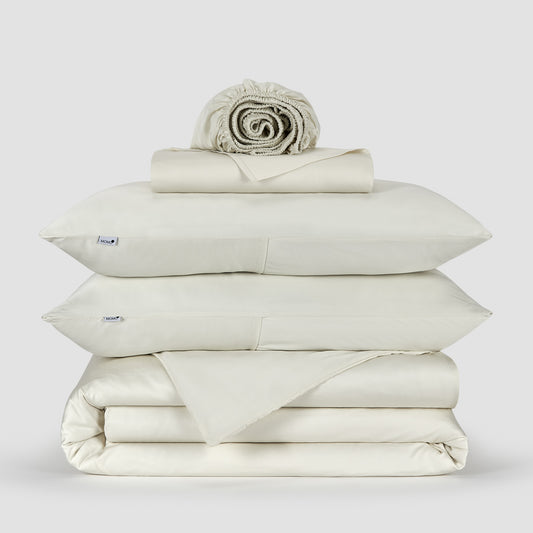 Jogo Capa de Edredão roupa de cama Branco pérola bambu by Momo Cotton – tecido de cetim 300 fios, suave, respirável e sustentável.