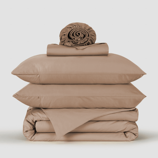 Taupe bamboo bedding set stacked display showing duvet cover, fitted sheet, flat sheet, pillowcases and rolled comforter.